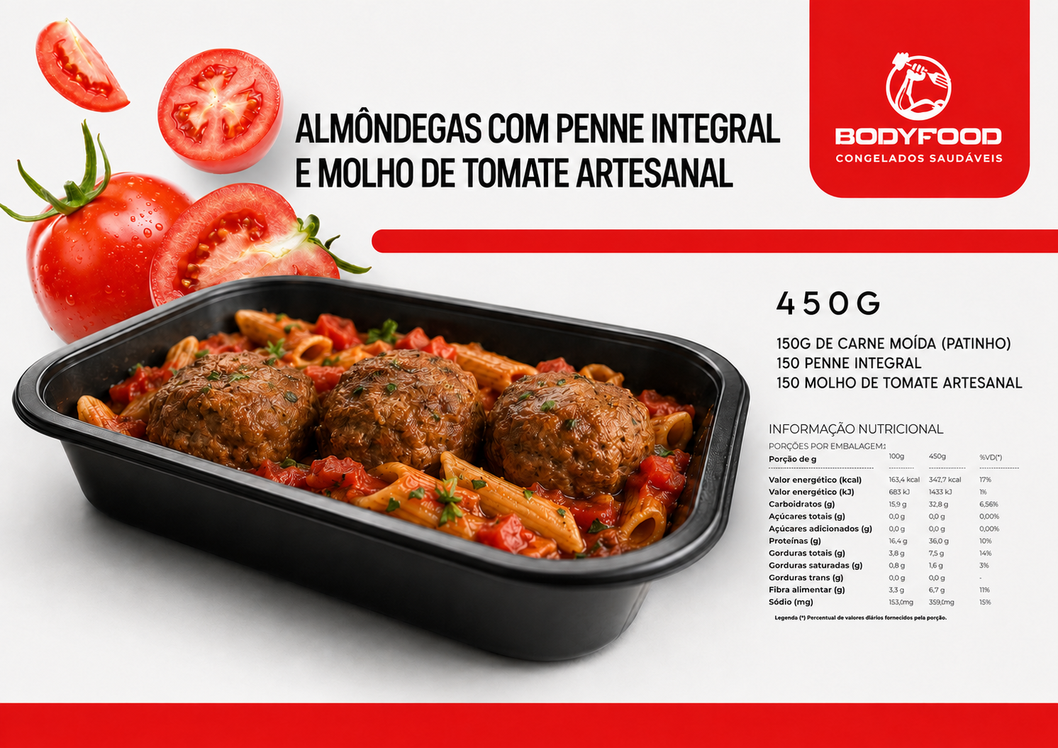 Card da refeição Almôndegas com penne integral e molho de tomate artesanal, com informações nutricionais.